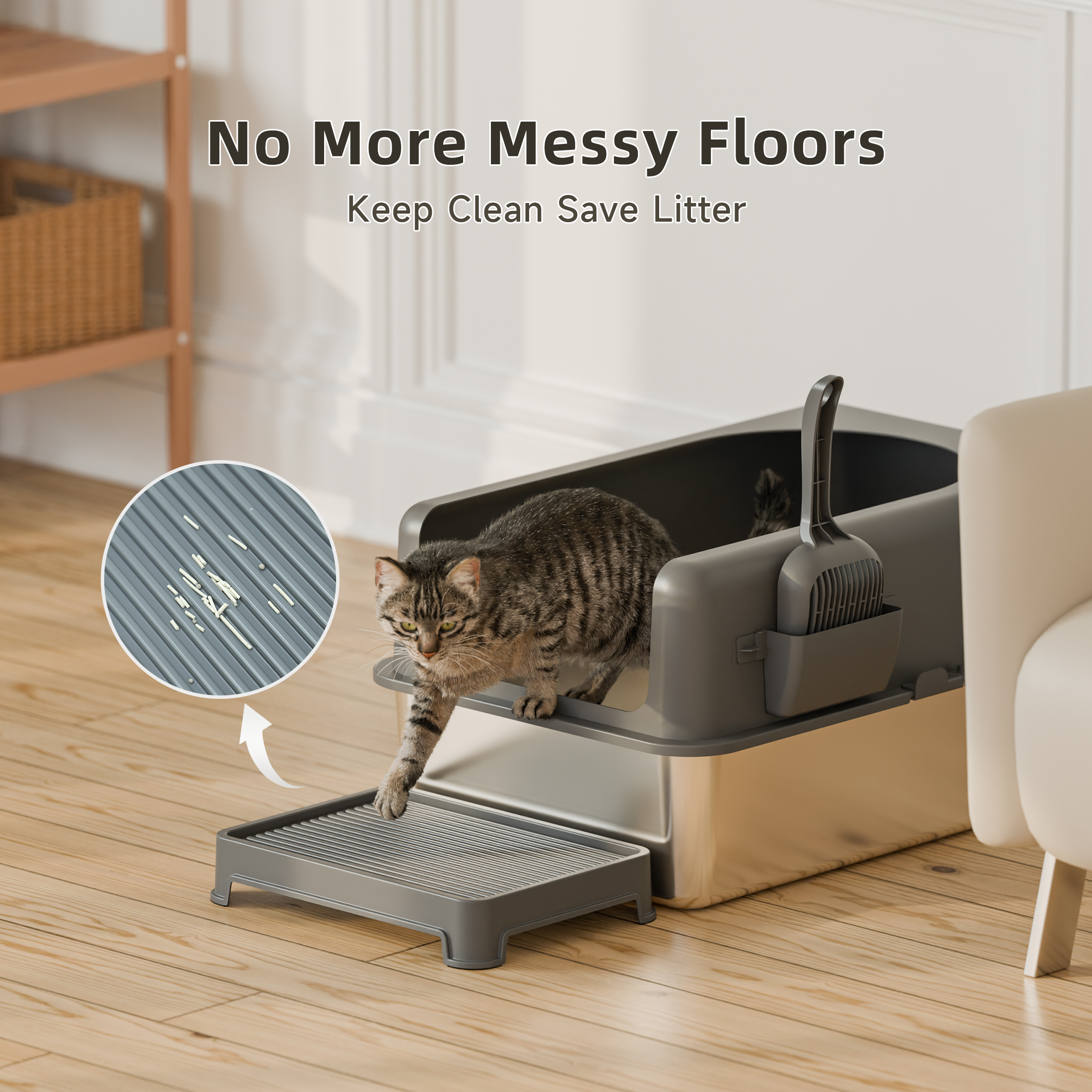 Bsadne Large High-Sided Stainless Steel Multi-Cat Litter Box Set with Lid, Scoop, and Tray, Gray(24''*16''*12'')
