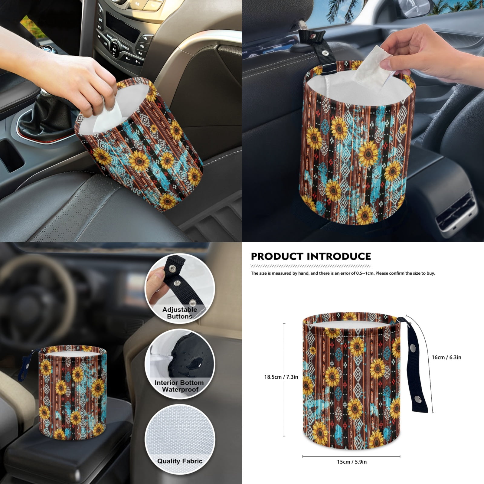Renewold American Tribal Sunflower Car Seat Cover Full Set 14 PCS, with Steering Wheel Cover Seatbelt Pad Coasters Rubbish Bin Rear View Mirror Armrest Cover Cushion Gear Shift Knob Cover Set