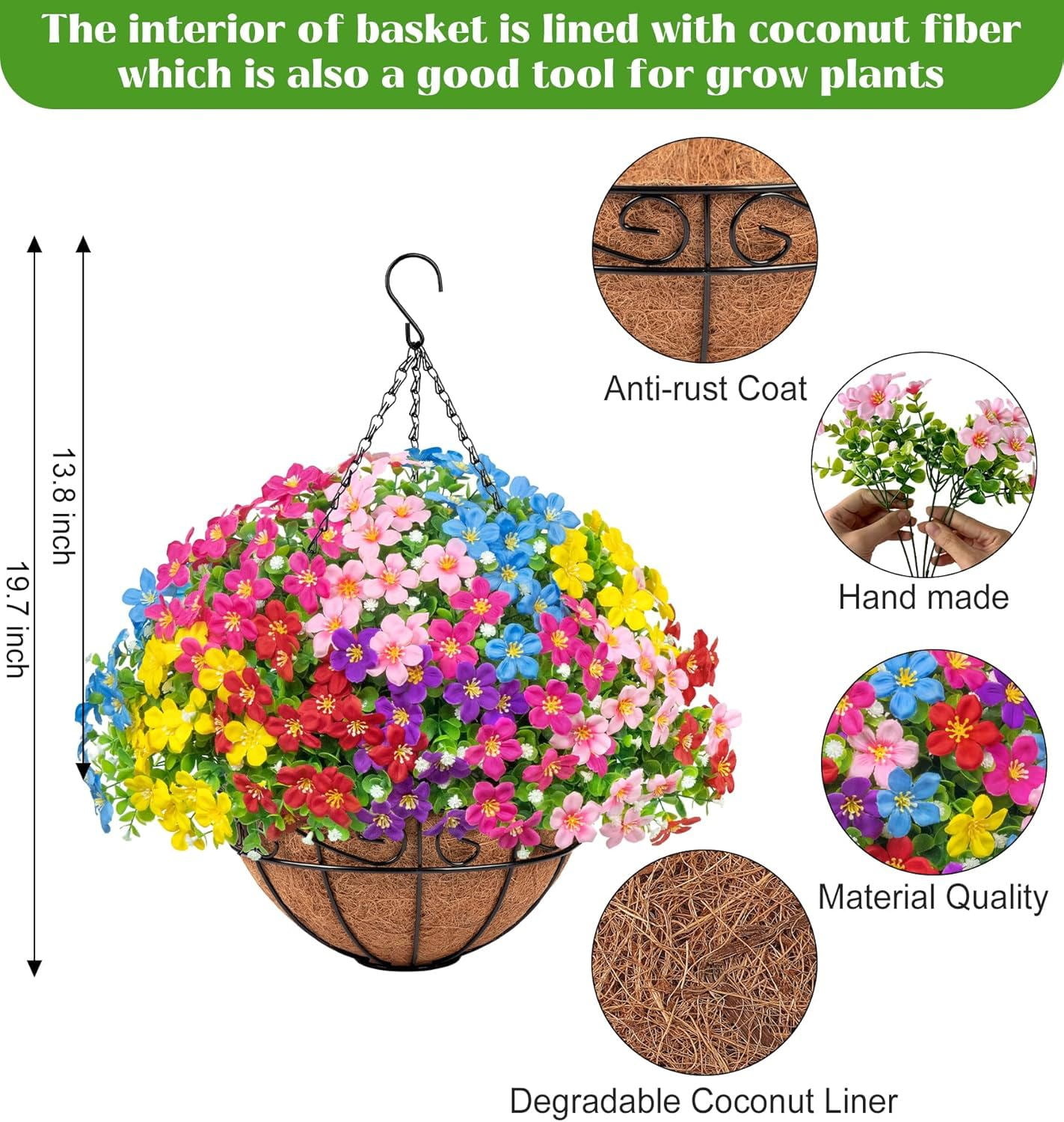 Artificial Hanging Plants Flowers with Basket for Spring Summer Outdoor Decoration, Fake Flowers UV Resistant with Hanging Planter for Front Porch Patio Garden Yard Home Decor, Multicolor