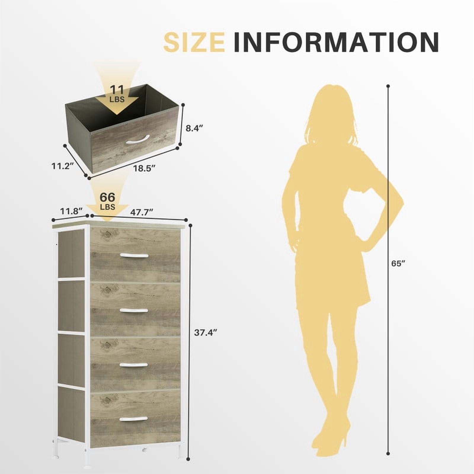 Simenmax 4 Dresser, Storage Drawers with Removable Fabric Bins, Fabric Closet Chests Organizer for Bedroom, Closet, Living Room, Oak Greige