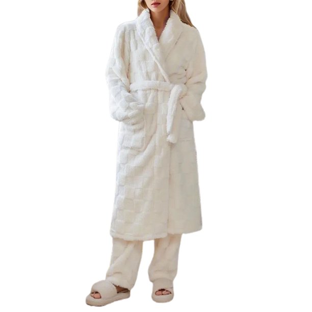 Gibobby camisón para mujer de manga larga para mujer con diseño en a cuadros, cómoda mezcla de algodón, cálido, conjunto de ropa de descanso (Blanco, L)