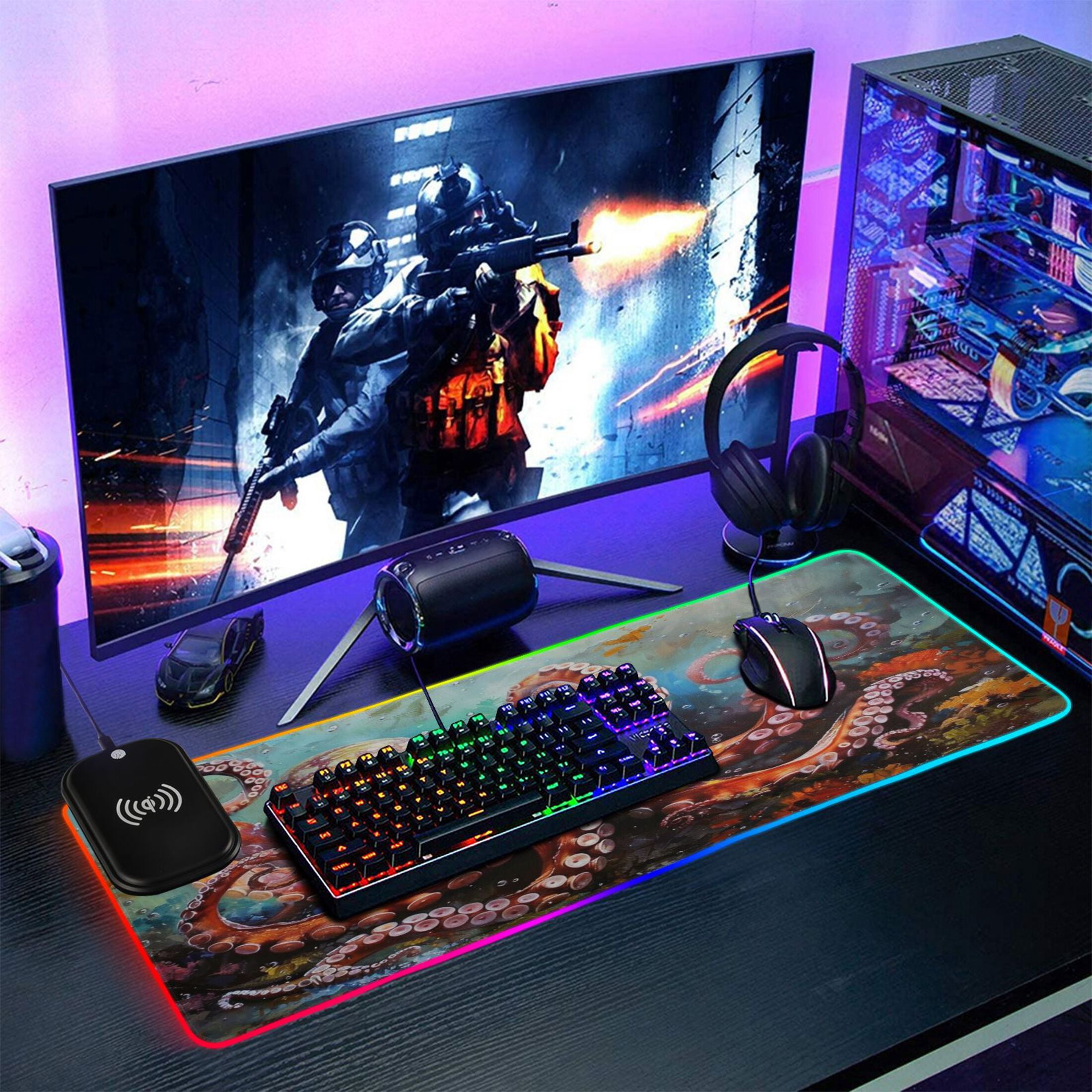 Wireless Charging Mouse Pad Large RGB Gaming Desk Mat 13 Light Modes Mousepad 35.4x15.7 Octopus in Bottom Sea