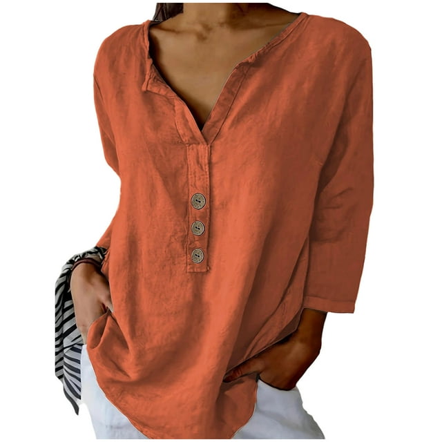 Xuyuer Womens Long Sleeve Button Down Casual And Fashionable Solid Color Shirt Blouse Loose Fit Casual V-Neck Tops