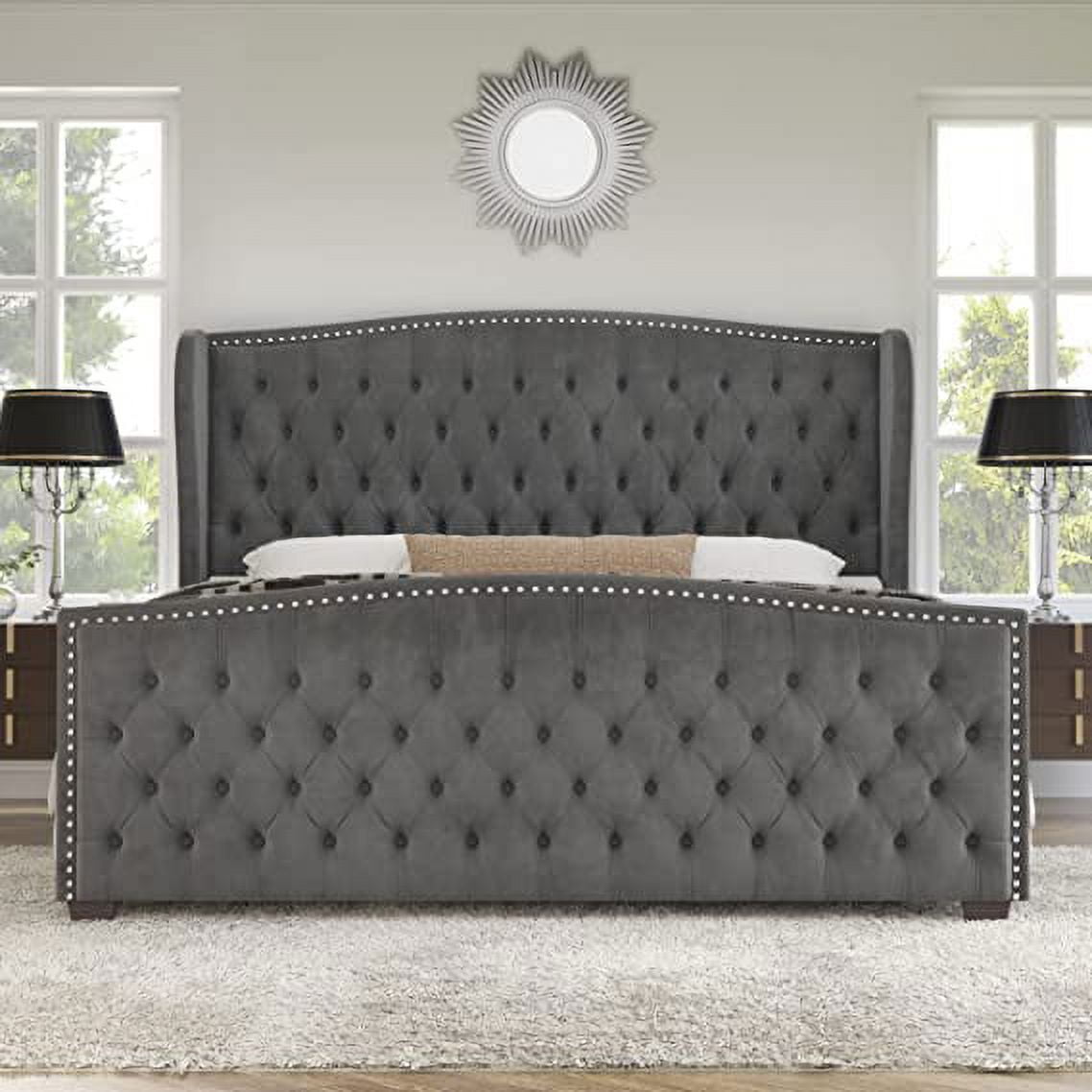 Amerlife Queen Bed Frame with Velvet Upholstery, Tufted Wingback Headboard and Nailhead Trim, Grey