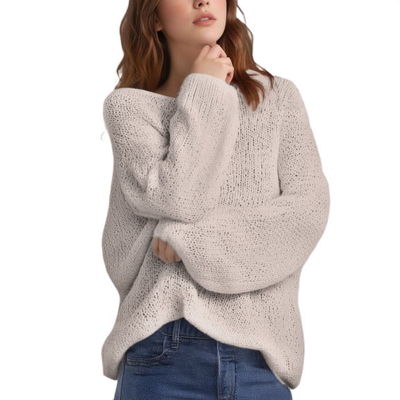 ManxiVoo Women's Artistic Print Crewneck Knit Sweater Long Sleeve Vintage Inspired Pullover Top L Size Beige