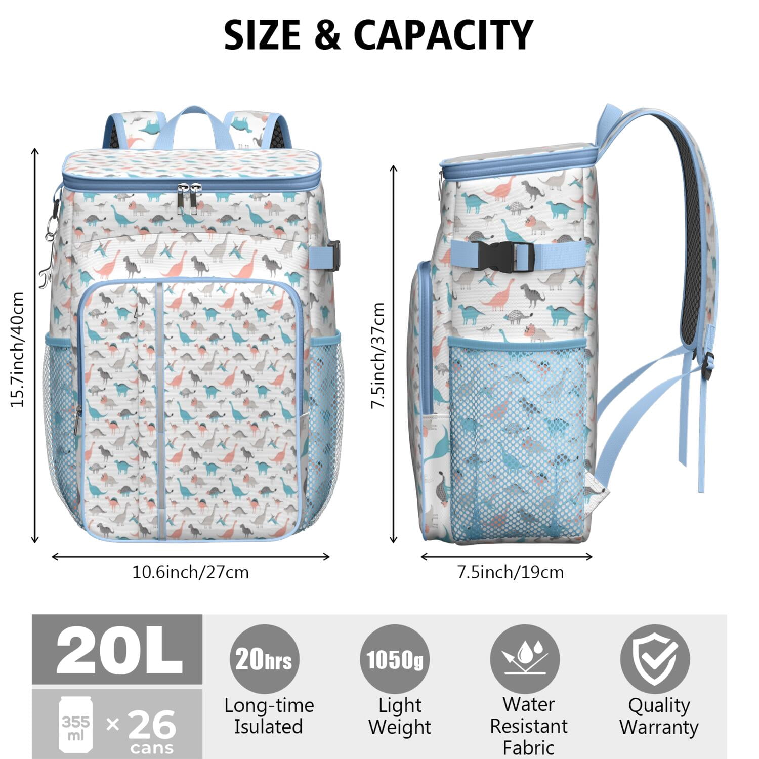 Travel Cooler Bag - White Cartoon Dinosaurs Colorful Pattern Camping Beer Cooler Backpack with Bottle Opener- Waterproof Insulated Picnic Backpacks - Cooler Bag for Beach