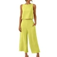 thumbnail image 2 of Dazajoo Two Piece Linen Sets for Women Casual Crew Neck Tank Tops and Wide Leg Pants with Pockets Set Summer Solid Color Lounge Suits,Yellow,S, 2 of 8