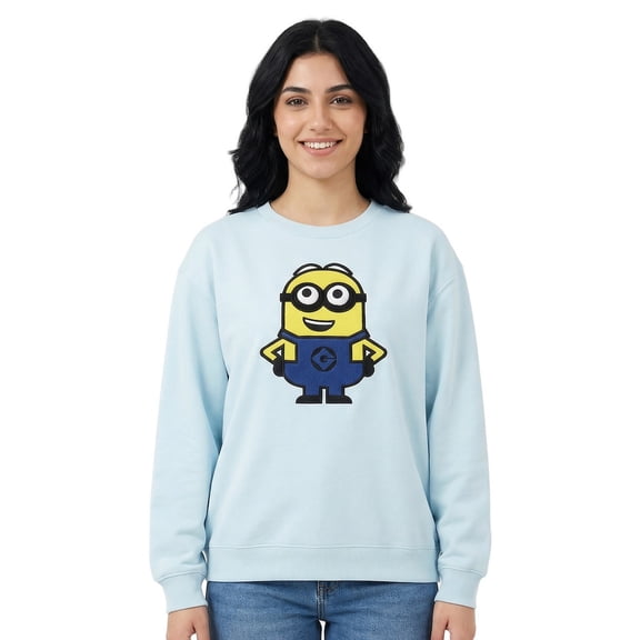 Minions Character Women's Blue Crew Neck Long Sleeve Sweatshirt-Large