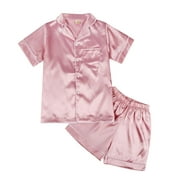 URMAGIC 4-14T Little Big Child Girl Boy Silk Satin Pajamas Short Sleeve 2PCS Sleepwear