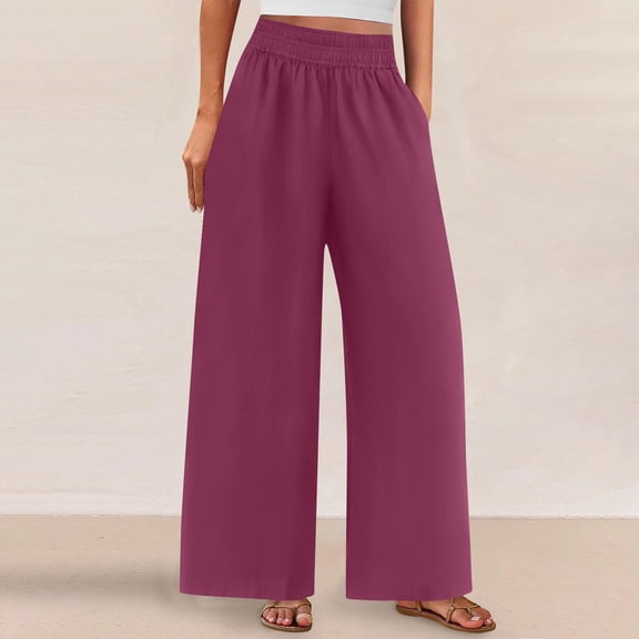 tarylea Cotton Linen Pants for Women Elastic Waist Wide Leg Pants High Rise Solid Color Trousers Casual Loose Summer Breathable Pants