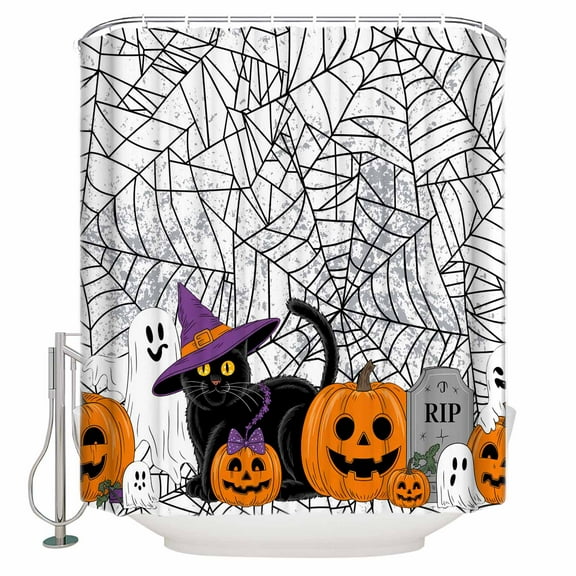 Shower Curtains for Bathroom-72"x72",Halloween Ghost Pumpkin Black Cat Waterproof Bath Curtain Grommet Shower Curtain Set with Hooks,Tombstone Spiderweb Washable Bath Accessories