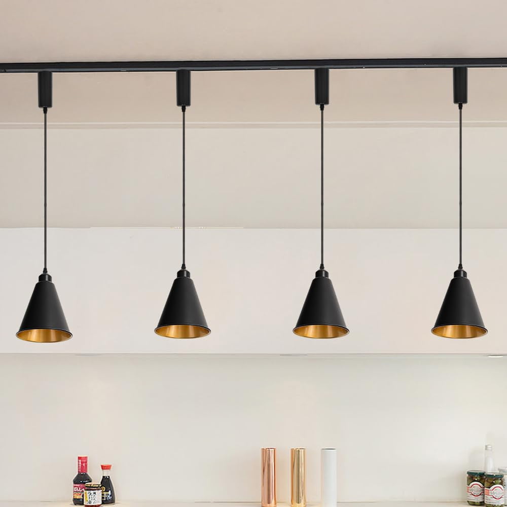 KAYYELAMP Black Metal Cone Shade Inner Gold Track Lighting H-Type 39.3 Inches Woven Black Adjusted Cord Remote RGB Warm Light Vintage Track Lamp for Kitchen Dining Table Loft