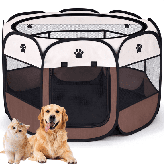 Behome 44in Large Pet Playpen for Dogs & Cats, Pet Playpens Foldable Portable Indoor Outdoor House for Cat Puppy Rabbit, Brown