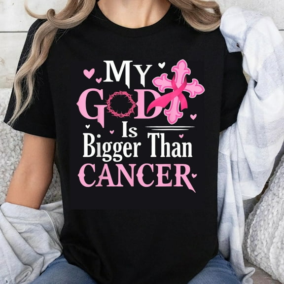 100% Cotton My God Is Bigger Than Cancer Pink Cross T-Shirt Christian Faith Breast Cancer Awareness Shirt for Women