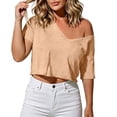 thumbnail image 2 of Ashirexll Summer Tops for Women Off Shoulder Crop Top Summer Casual Deep V-Neck Short Sleeve Loose Basic Tee, 2 of 5