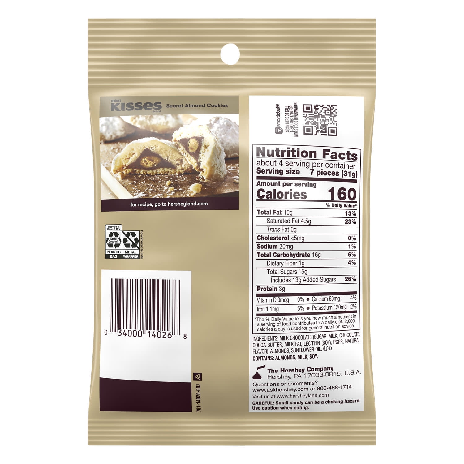 (6 pack) Hershey's Kisses Milk Chocolate with Almonds Candy, Bag 4.48 oz