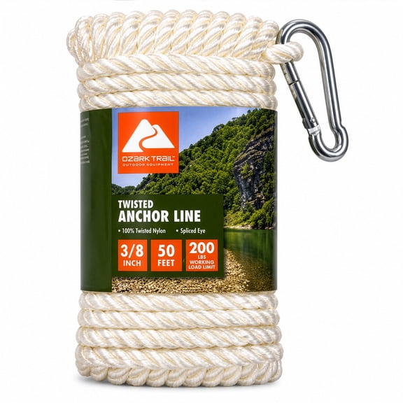 Ozark Trail 3/8 in x 50 ft Twisted Nylon Anchor Line with Stainless Steel Snap Hook, 200 lb Working Load Limit