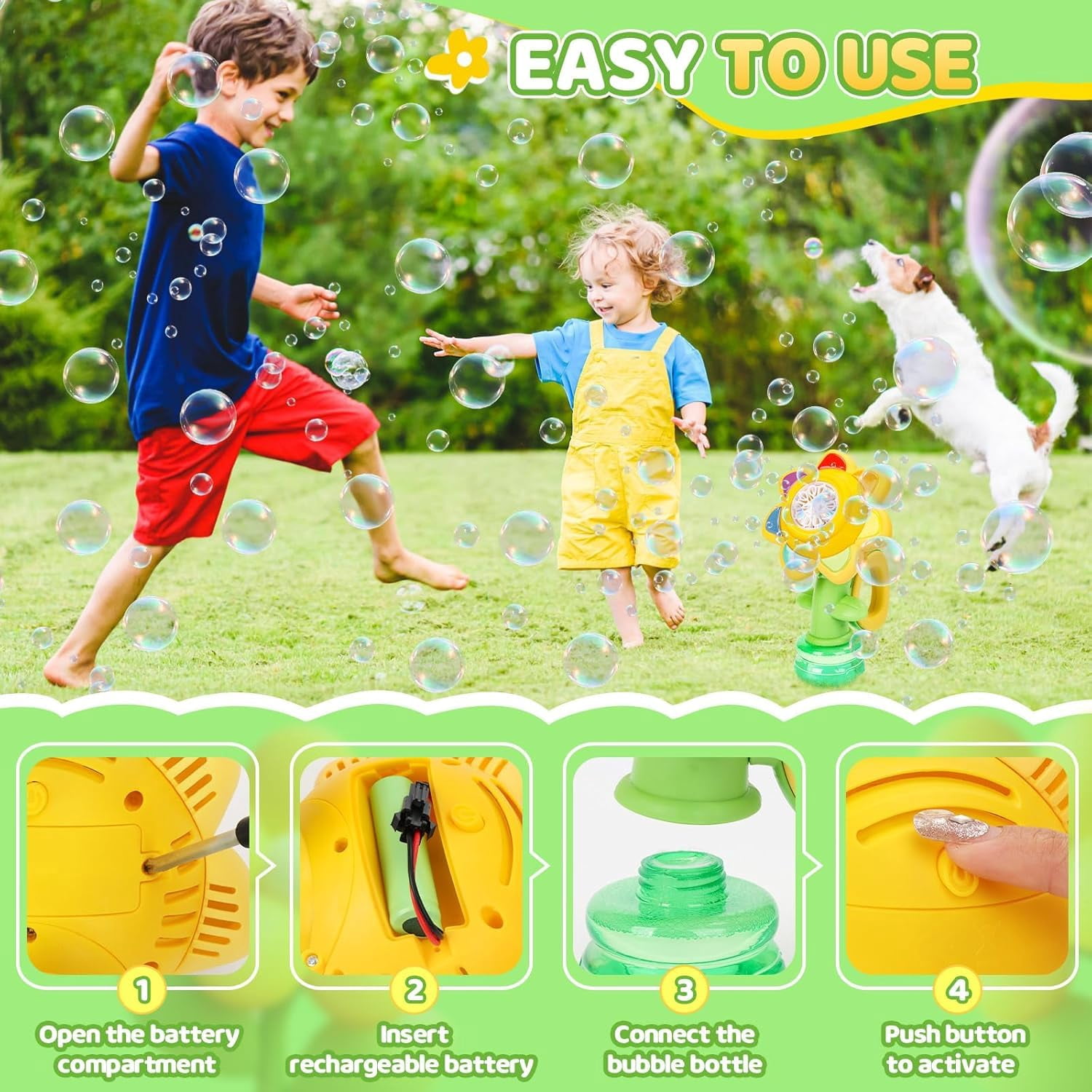 Sunflower Bubble Machine for Bath, Rechargeable Automatic Bubble Maker with LED Lights, Dancing Bubble Blower with 3 Modes, Leak-Proof Tank, Includes 10 Pack Bubble Solution for Bathroom & Party Use