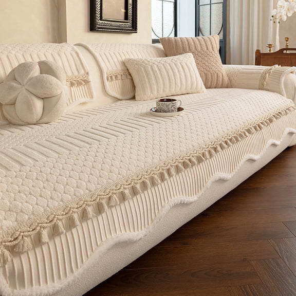 Cream Style Thick Sofa Cover , High Gram Weight Non Slip Full Coverage Couch Pad, Tassel Edge Warm Sofa Slipcover for Living Room Furniture