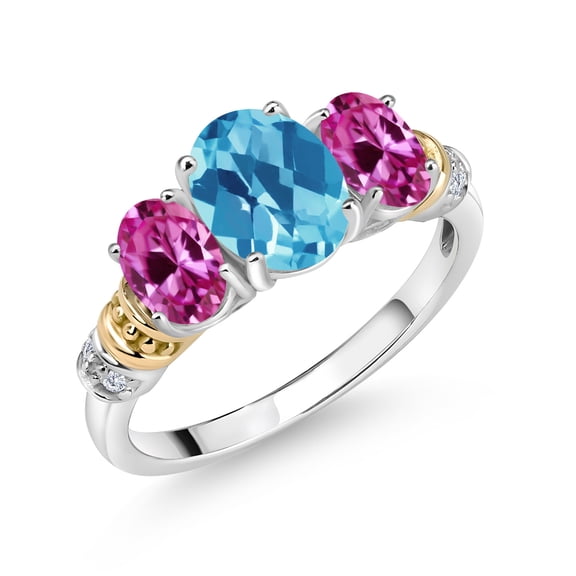 Gem Stone King 925 Sterling Silver and 10K Yellow Gold Oval Swiss Blue Topaz Pink Created Sapphire and White Diamond 3 Stone Ring for Women (2.33 Cttw, Gemstone November Birthstone, Size 6)