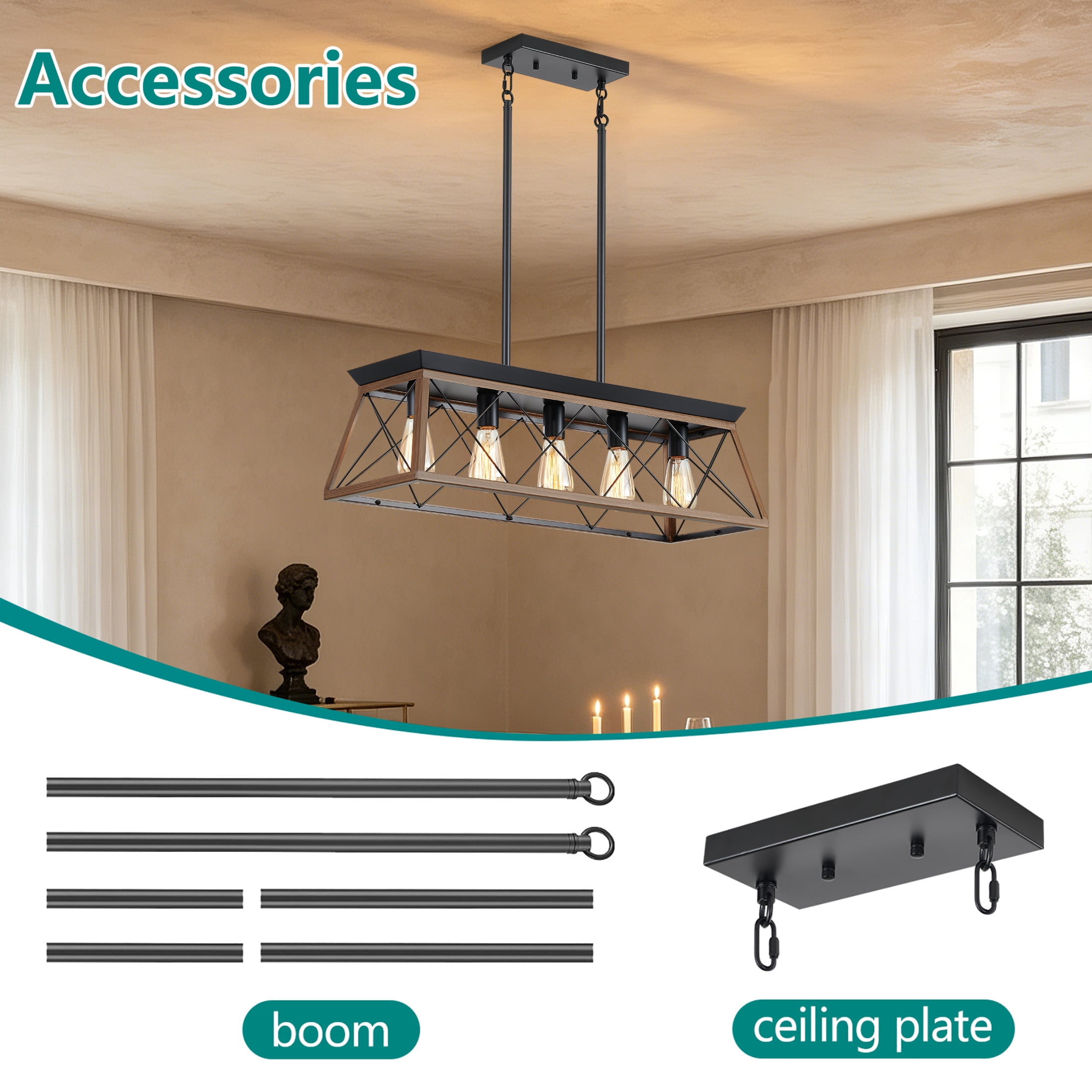 GDF Studio 5-Light E26 Farmhouse Chandelier, Rustic Kitchen Island Pendant Light with Adjustable Height, Walnut