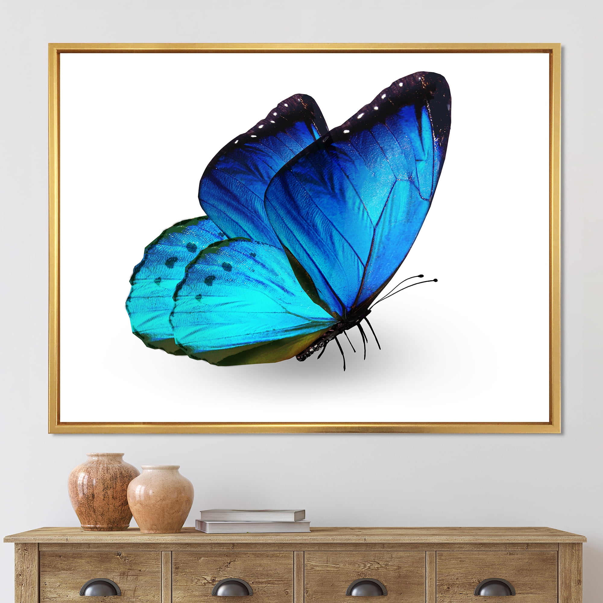 Designart 'Close Up Of Vibrant Blue Butterfly On White' Modern Framed Canvas Wall Art Print