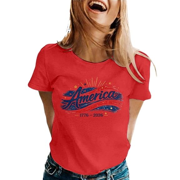 CUSTG Women T-Shirts Patriotic Casual Tee Comfortable Crew Neck Short Sleeve Shirt Everyday 1776-2026 Celebrate America's 250th Anniversary Stylish Tops