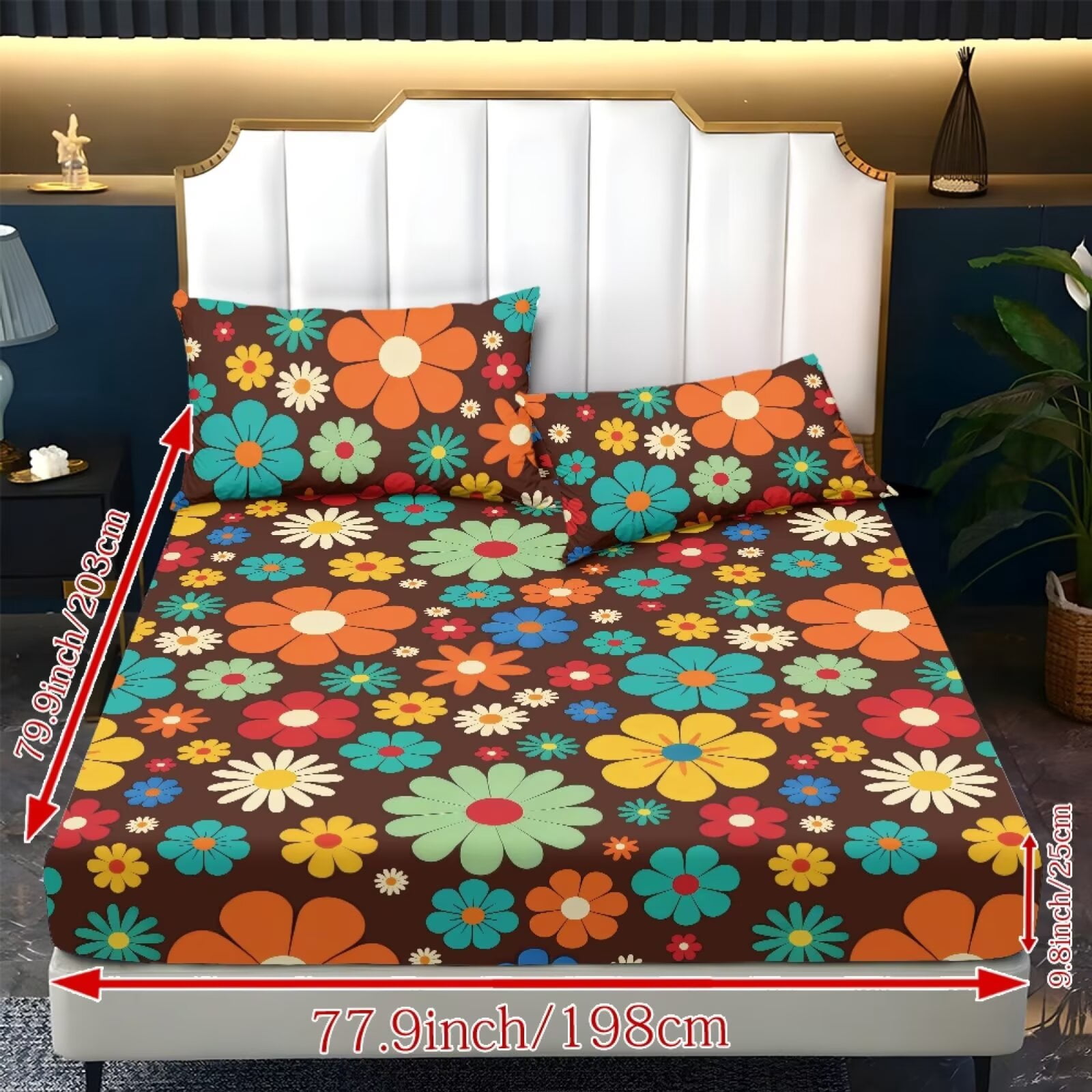 ZIATUBLES 3-Piece Twin Sheet Set, Brown Hippie Daisy Floral Print Cooling Sheets, Soft Cozy 9.8" Standard Pocket Twin Sheets with Pillowcases, Easy-Care Bedding for All Seasons