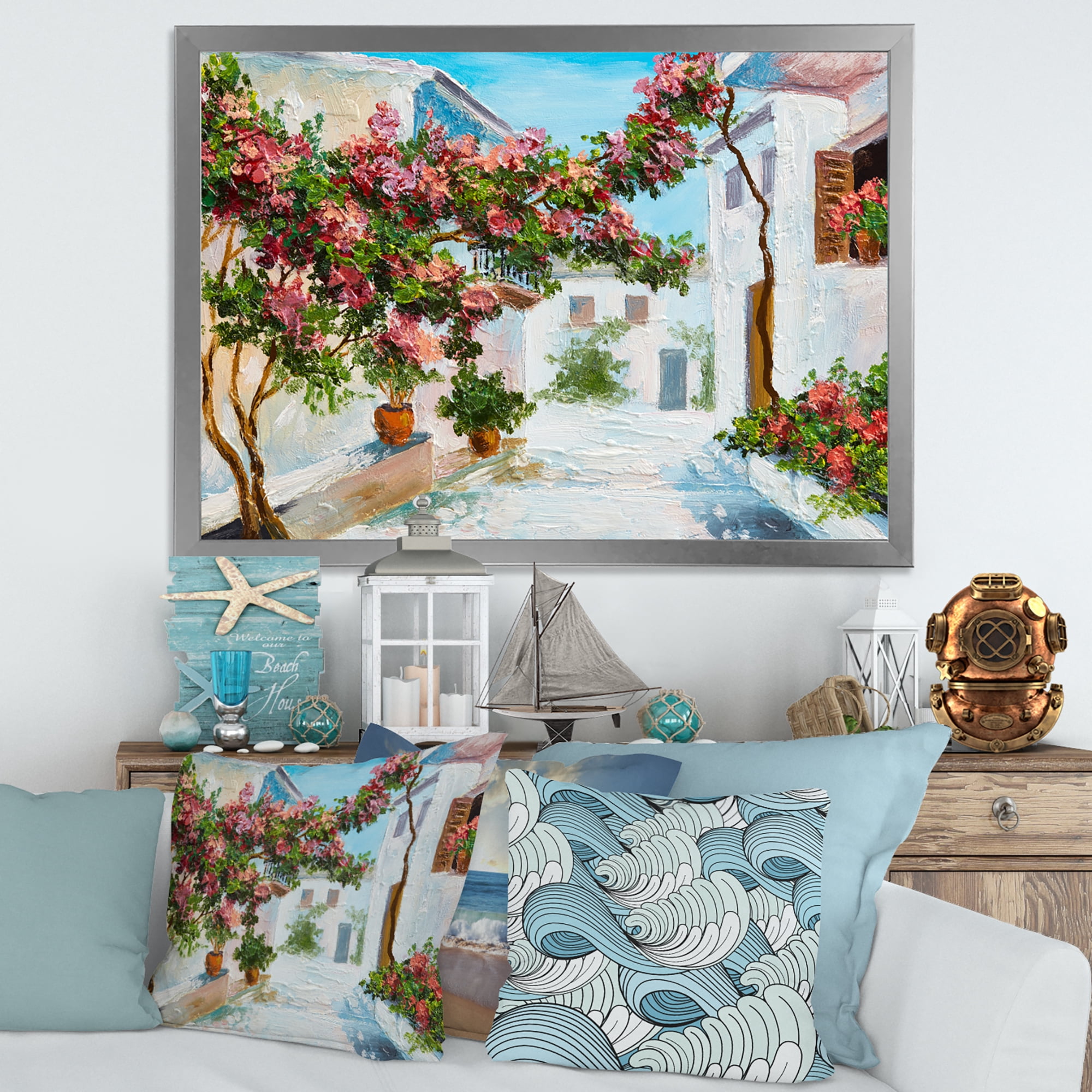 Designart 'Blossoming Flowers With White House Near The Sea' Nautical & Coastal Framed Art Print