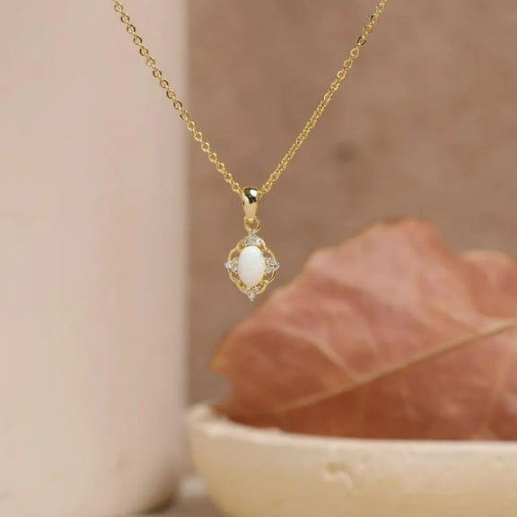 Vintage Opal Necklace for Women – 14K Yellow Gold Vermeil – Minimalist October Birthstone Jewelry – Dainty Pendant Necklace