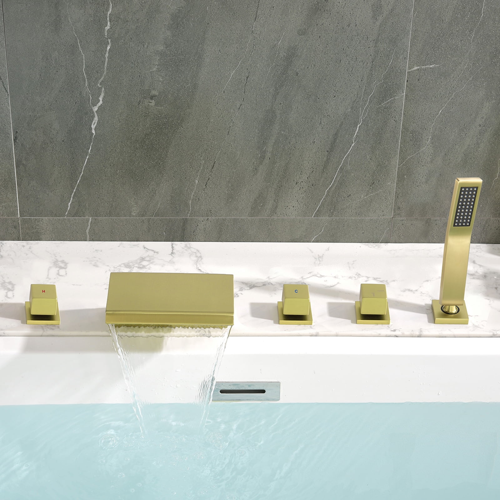 Cobbe 5-Hole Deck Mount Bathtub Faucet Kit with Hot Water Switch, 7.09-Inch Wide Bathtub Spout, Cold Water Switch, Diverter Knob and Handheld shower Brushed Gold