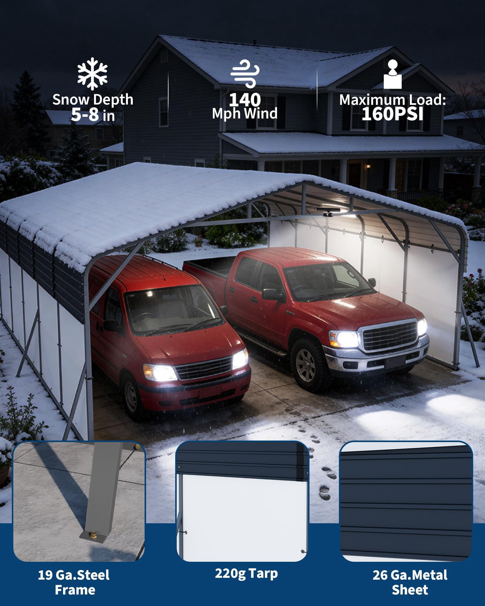 20x25 FT Heavy Duty Metal Carport - Outdoor Portable Garage Shelter - Galvanized Steel Roof, Removable PE Sidewalls, Reinforced Base, LED Light - for Cars, Trucks, Boats