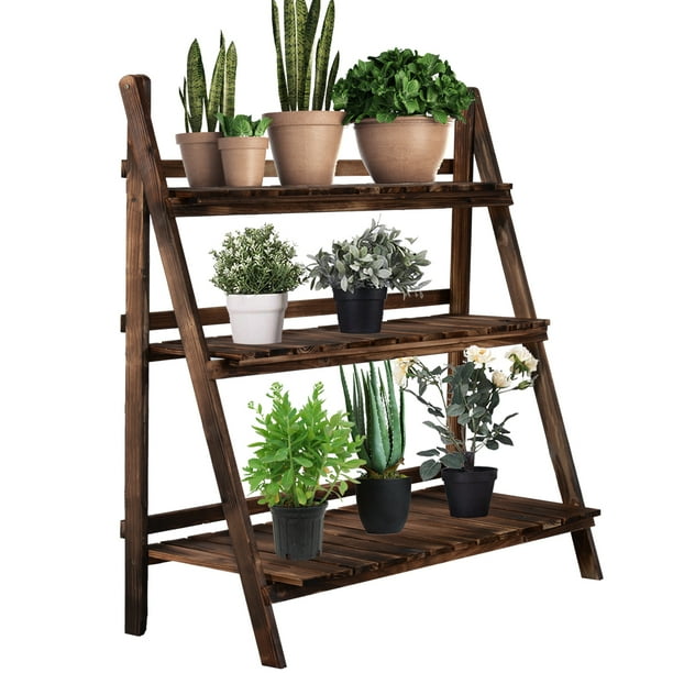 Outsunny 3Tier Rustic Wooden Plant Stand Folding Flower Rack for