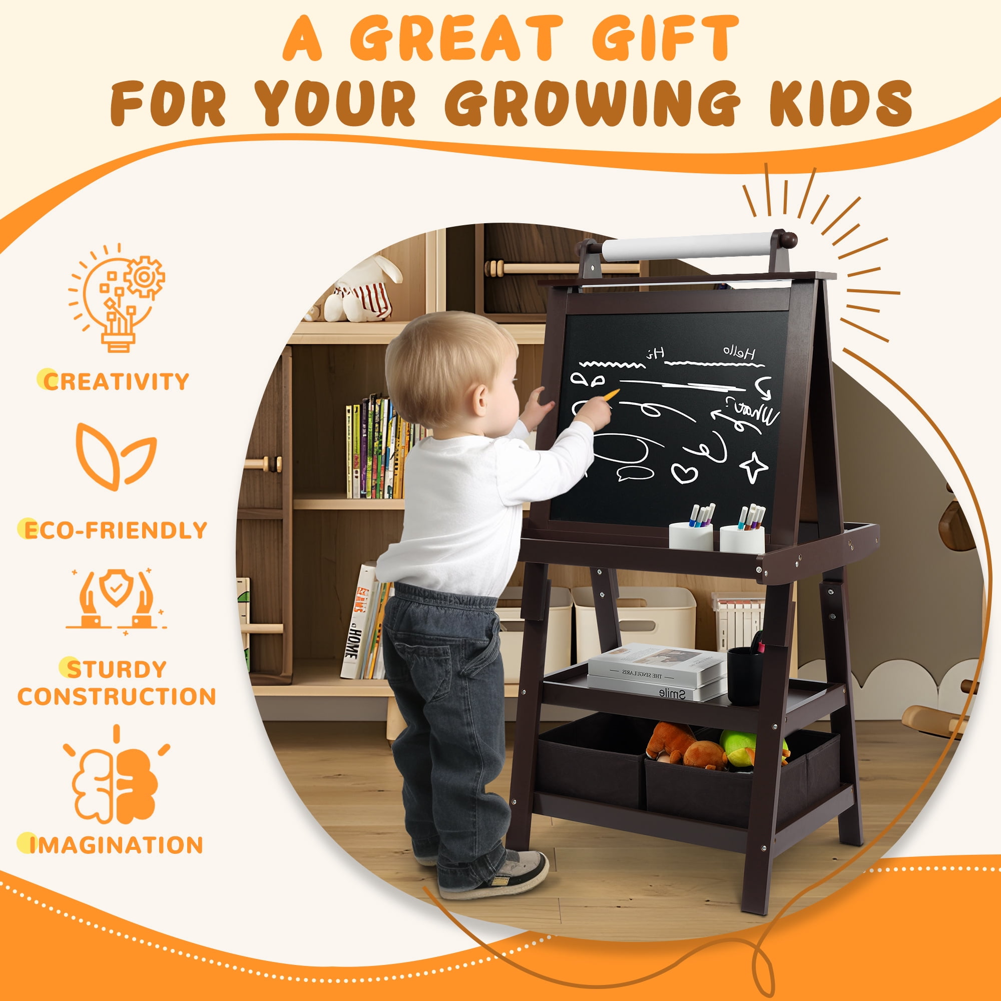 BalanceFrom 3 in 1 Kid Art Easel, Double-Sided Wooden Easel Chalkboard, Magnetic Whiteboard & Paper Roll, Standing Easel w/ 2-Tier Rack & 2 Storage Boxes, Children Easel for Kid, Boys, Girls, Coffee