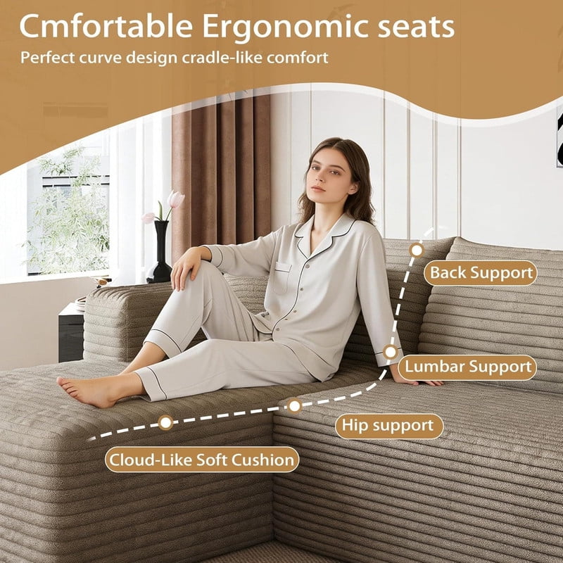 94" Modular Sectional Sofa, Modern Corduroy Cloud Couch with Side Pockets, Boneless Couch Upholstered 3-Seater L-Shaped Sofa for Living Room, Left Facing Chaise