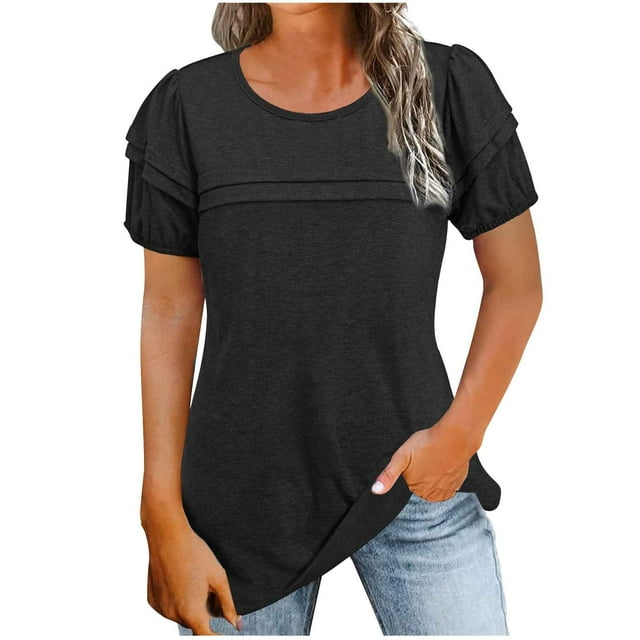 SwiftWear Hauts Oversize à Manches Courtes d'Été pour Femmes Chemises Plissées Col Rond Tenue Blouses Habillées Tunique Décontractée