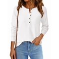 thumbnail image 3 of Women's Crew Neck Button Henley Waffle Knit Loose Long Sleeve Top White L, 3 of 5