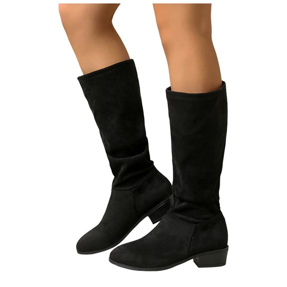 Rokment Women's Slouchy Mid Calf Boots Fashion Casual Solid Suede Pointed Toe Stacked Heels Pull On Knee-High Tall Dress Boots Fall Winter