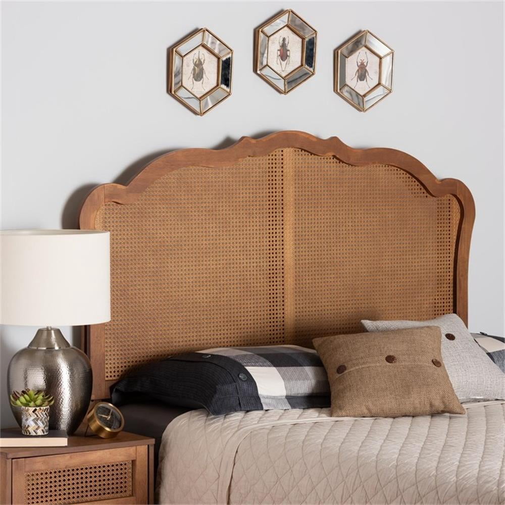 Baxton Studio Leandra Wood & Rattan Queen Size Headboard in Ash Walnut