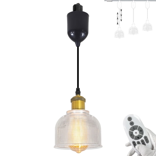 FSLiving Adjustable Height H Type Track Lighting Remote Control Gold Bronze Socket Striped Clear Dome Shape Glass Shade 4 Ft Dimmable Pendant Light Decorate for Plant Kitchen Island Customizable