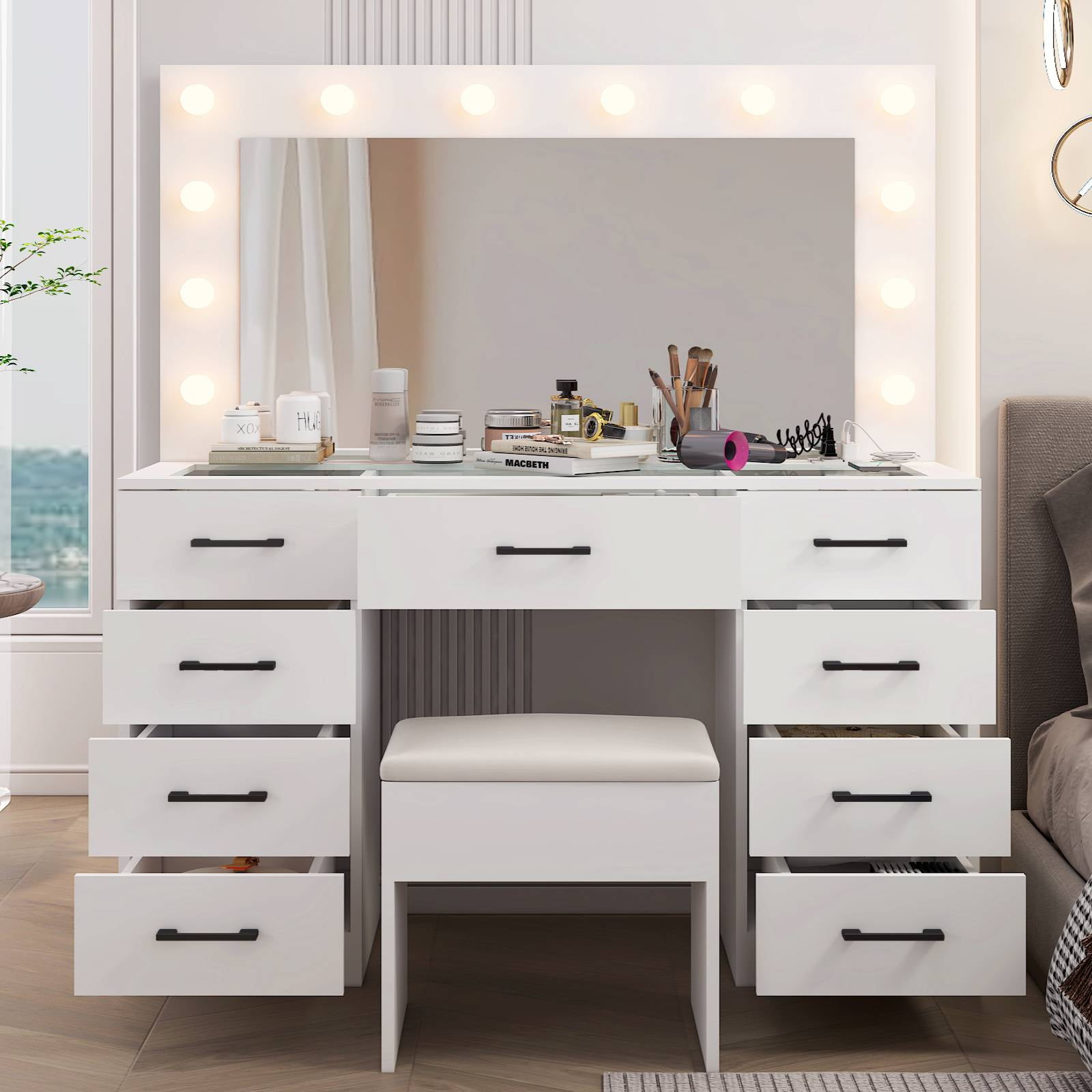 Ktaxon Large Makeup Vanity, Get Ready with Me GRWM Vanity Table Set w/ Visible Glass Top w/ Charging Station, White