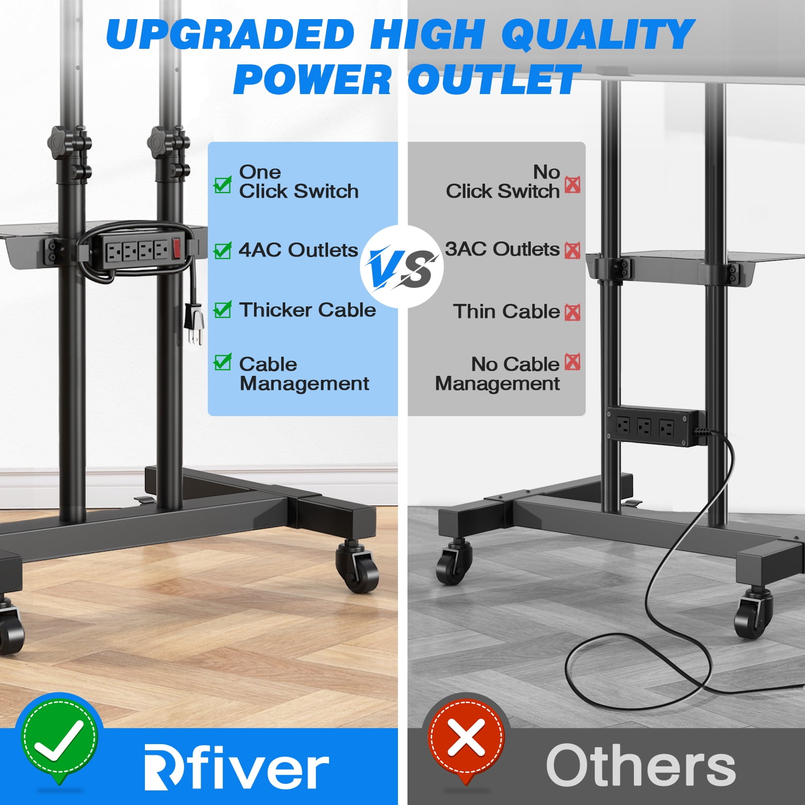 RTVR Upgraded Mobile TV Stand with Power Outlet for 32-85 inch Screens, Portable Adjustable Rolling TV Cart Stand with AV Shelf for Bedroom Home
