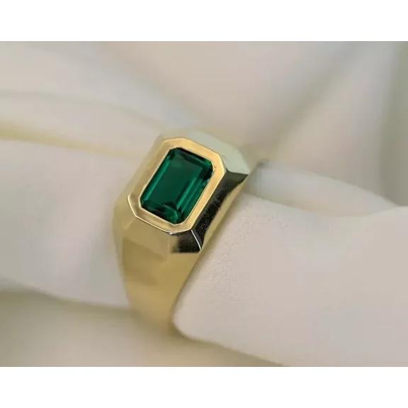 Men's Lab Created Emerald Pinky Ring 14K Yellow Gold Plated Wedding Ring