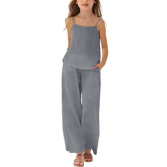 XXWXYD Linen Sets for Girls 2 Piece Summer Travel Vacation Outfits Spaghetti Strap Tank Top and Pants Teen Girl Fashion Beach Outfit