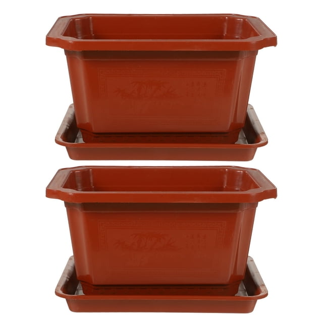 HLONK 2 Sets Rectangle Plant Pot Bonsai Training Pots Flower Succulent Pots with Trays Plastic Planter