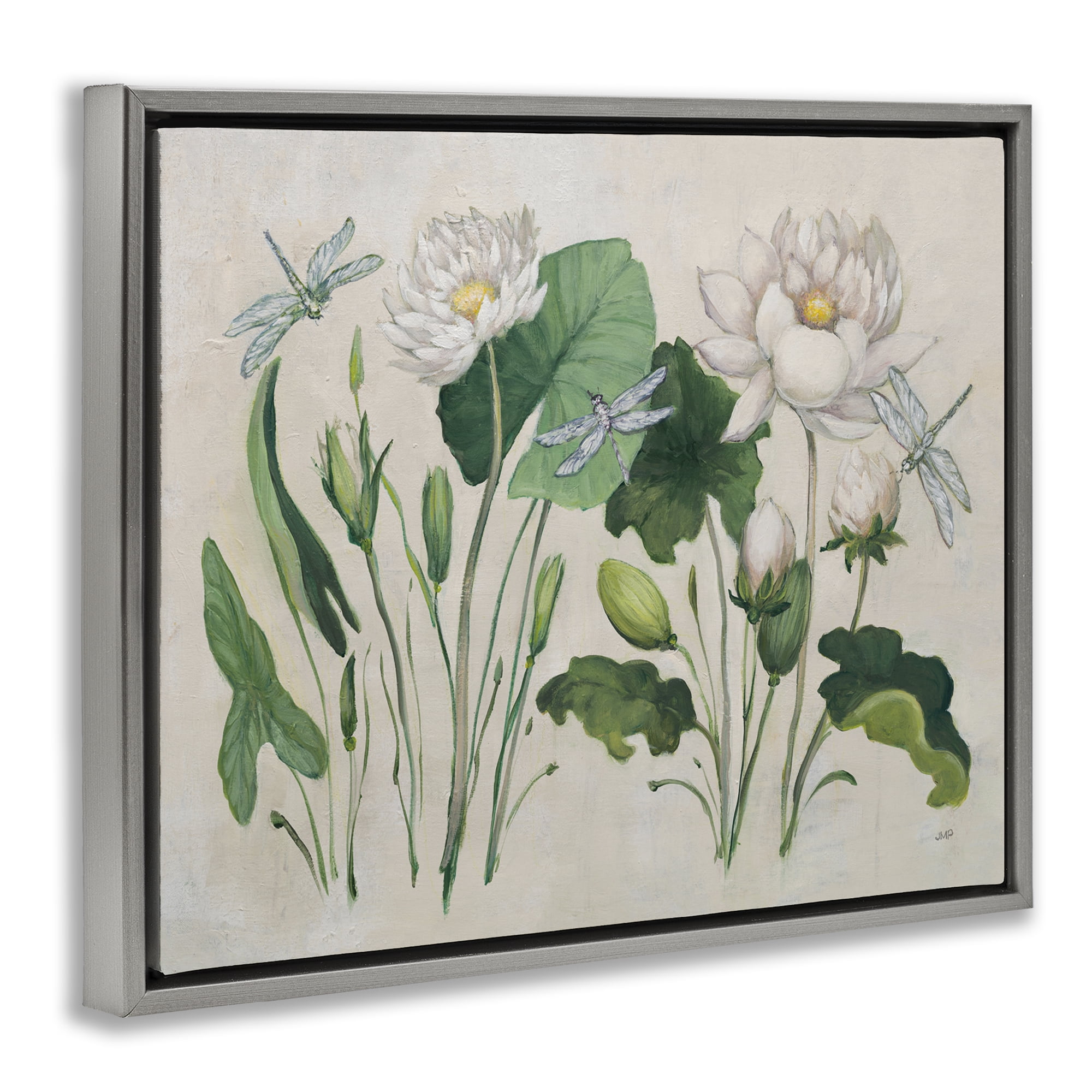 Stupell Industries Tranquil Lilies Vintage Plants & Flowers Painting Gray Floater Framed Canvas Art Print Wall Art, 31 x 25
