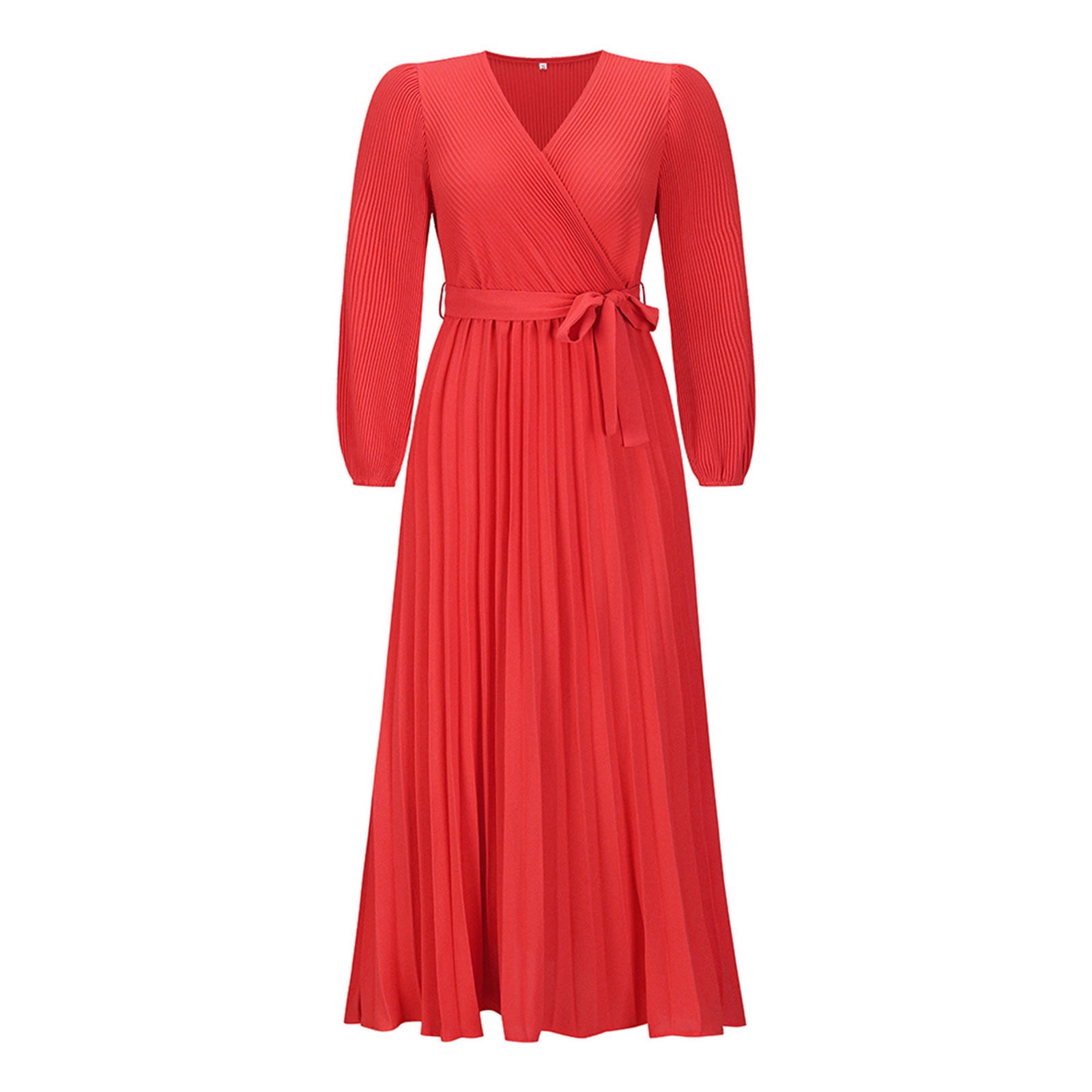 Women's V Neck Pleated A-line Dress 2024 Fall Long Sleeve Casual Swing Maxi Long Dresses for Party Wedding Guest