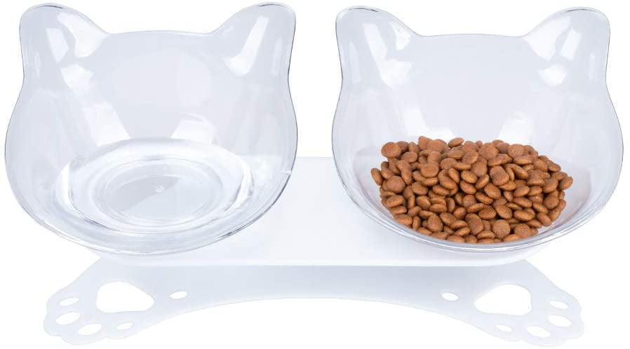 15°Elevated Cat Food Bowls with Silicone Pet Mat, Double Raised Cat  Transparent Plastic Bowl with Stand, Stress-Free Suit for Cats and Small  Dogs
