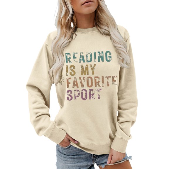 Reading Is My Favorite Sport Graphic Sweatshirt Women Book Lover Long Sleeve Crew Neck Loose No Hood Top Beige