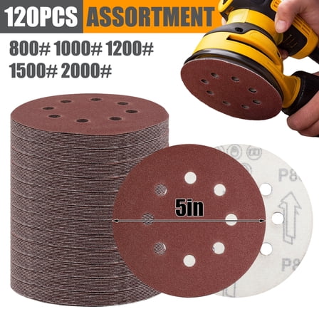 ASKITO 120Pcs 5 Inch Sanding Discs, 8-Hole Round Hook and Loop Sandpaper for Random Orbital Sander, Mixed Grits 800, 1000, 1200, 1500, 2000